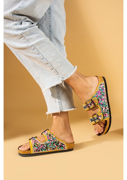 Renkli Doğal Taşlı Çift Tokalı Anatomik Taban Kadın Terlik 51-605-24 modelleri