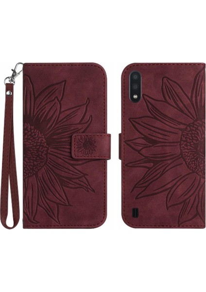 Samsung Galaxy A01 Kabartmalı Ayçiçeği Kısa Kayış ile Lüks Pu (Yurt Dışından)