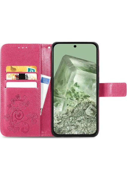 Google Piksel 8A Flip Kapak Için Flip Case Dört Yapraklı Yonca Deri Kılıf (Yurt Dışından)