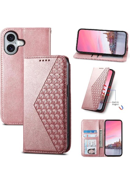 IPhone 16 Için Flip Case Artı Günlük Kullanım Cüzdan El Kayışı Eşkenar Dörtgen Şekli (Yurt Dışından)