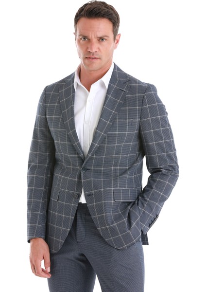 Lacivert Slim Fit Çizgili Mono Yaka Takım Elbise