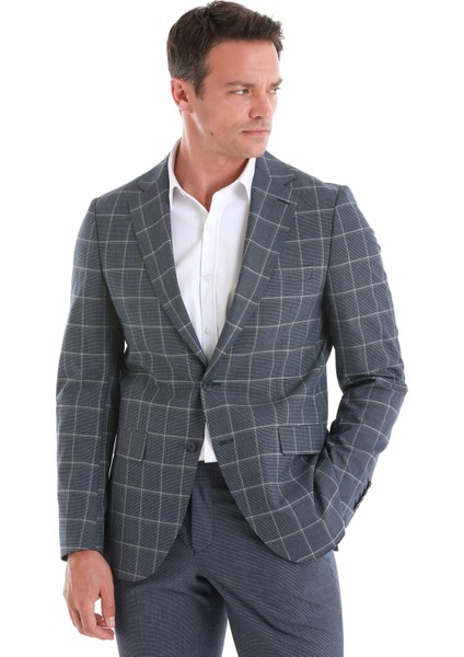 Lacivert Slim Fit Çizgili Mono Yaka Takım Elbise modelleri
