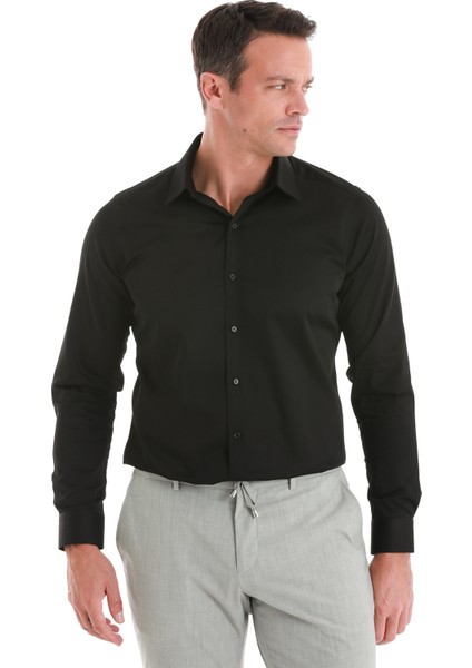 Siyah Slim Fit Düz 100% Pamuk Slim Yaka Uzun Kollu Saten Gömlek fırsatları