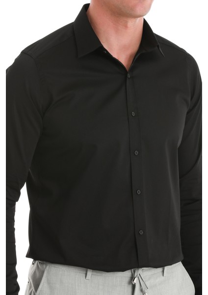 Siyah Slim Fit Düz 100% Pamuk Slim Yaka Uzun Kollu Saten Gömlek indirimleri