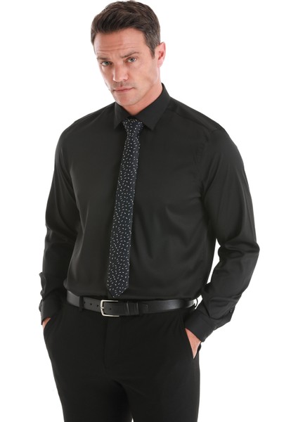 Siyah Comfort Fit Düz Slim Yaka Uzun Kollu Gömlek