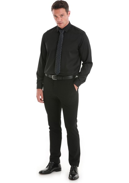 Siyah Comfort Fit Düz Slim Yaka Uzun Kollu Gömlek