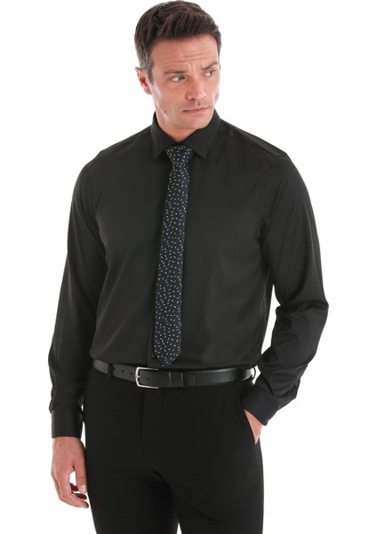 Siyah Comfort Fit Düz Slim Yaka Uzun Kollu Gömlek