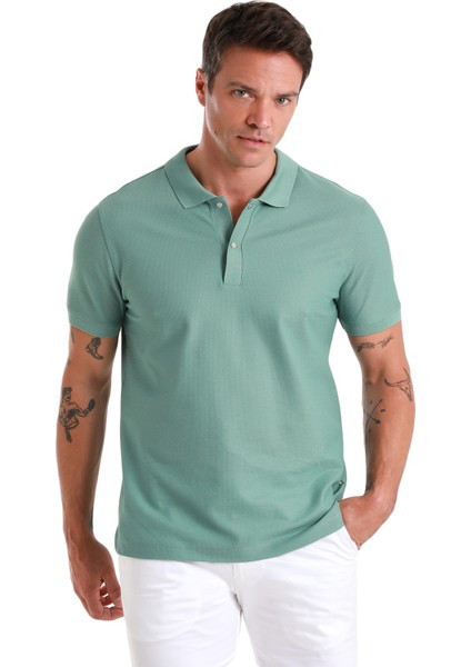 Yeşil Regular Fit Merserize Polo Yaka Pamuklu Tişört