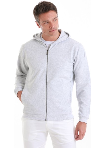 Gri Regular Fit Düz Pamuklu Fermuarlı Sweatshirt