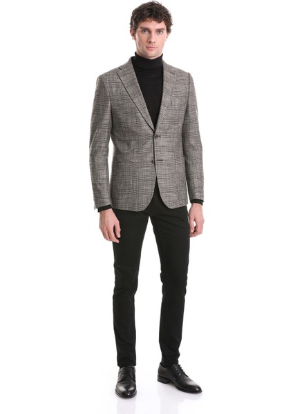 Kahverengi Slim Fit Kareli Mono Yaka Klasik Ceket