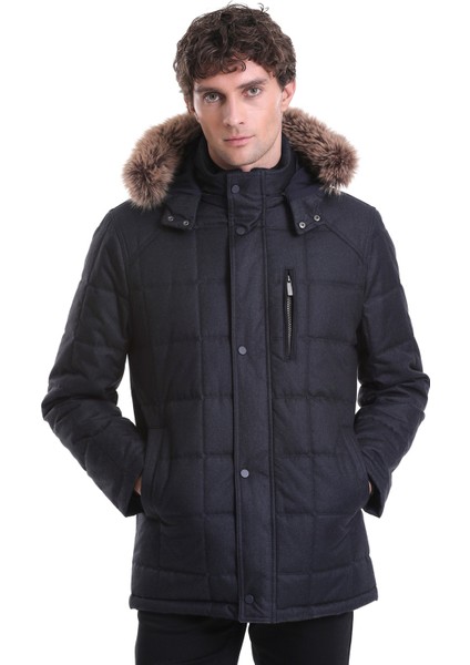 Lacivert Slim Fit Düz Hakim Yaka Kürklü Kapüşonlu Kaban