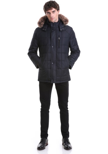 Lacivert Slim Fit Düz Hakim Yaka Kürklü Kapüşonlu Kaban fiyatları