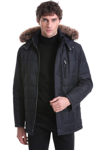 Lacivert Slim Fit Düz Hakim Yaka Kürklü Kapüşonlu Kaban modelleri