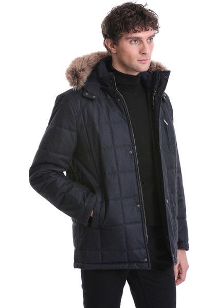 Lacivert Slim Fit Düz Hakim Yaka Kürklü Kapüşonlu Kaban fırsatları