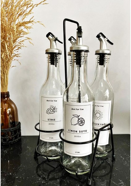 Dörtlü Siyah Metal Standlı Yağlık Sosluk Stand 375 ml Şişeli Etiketli -Beyaz