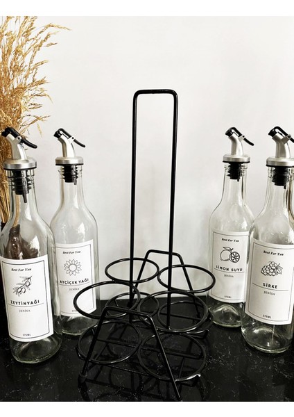 Dörtlü Siyah Metal Standlı Yağlık Sosluk Stand 375 ml Şişeli Etiketli -Beyaz modelleri