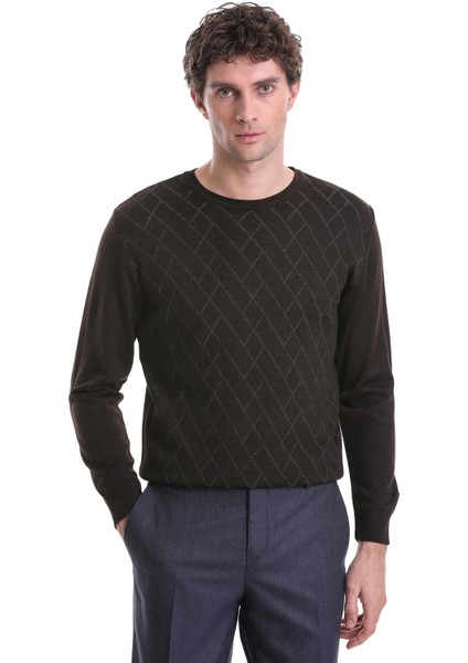 Kahverengi Regular Fit Jakarlı Bisiklet Yaka Yünlü Triko Kazak