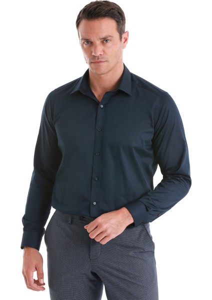 Lacivert Slim Fit Düz 100% Pamuk Slim Yaka Uzun Kollu Saten Gömlek