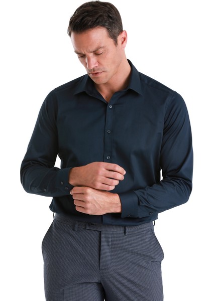 Lacivert Slim Fit Düz 100% Pamuk Slim Yaka Uzun Kollu Saten Gömlek modelleri