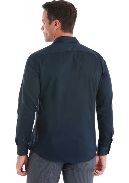Lacivert Slim Fit Düz 100% Pamuk Slim Yaka Uzun Kollu Saten Gömlek fırsatları