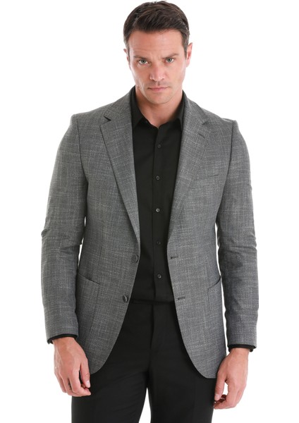 Gri Slim Fit Desenli Mono Yaka Klasik Ceket