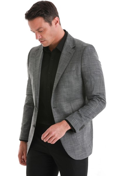 Gri Slim Fit Desenli Mono Yaka Klasik Ceket