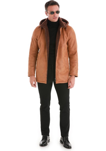 Kahverengi Slim Fit Hakim Yaka Kapüşonlu Basic Deri Kaban fiyatları