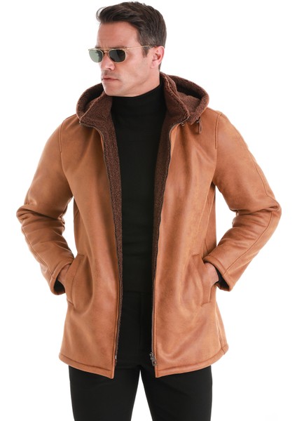 Kahverengi Slim Fit Hakim Yaka Kapüşonlu Basic Deri Kaban modelleri