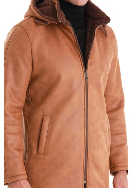 Kahverengi Slim Fit Hakim Yaka Kapüşonlu Basic Deri Kaban fırsatları