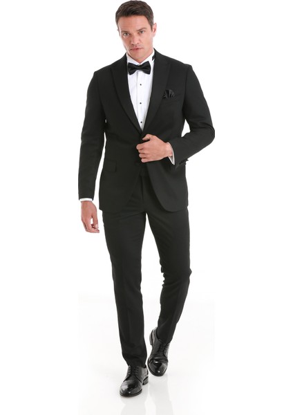 Siyah Slim Fit Desenli Çıkma Sivri Yaka Klasik Damatlık