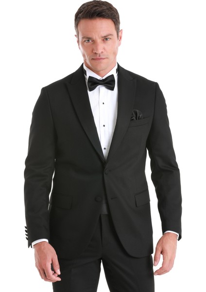 Siyah Slim Fit Desenli Çıkma Sivri Yaka Klasik Damatlık