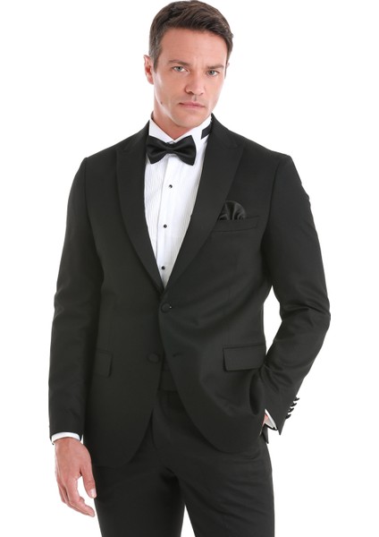Siyah Slim Fit Desenli Çıkma Sivri Yaka Klasik Damatlık