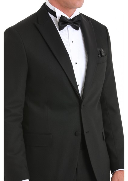 Siyah Slim Fit Desenli Çıkma Sivri Yaka Klasik Damatlık