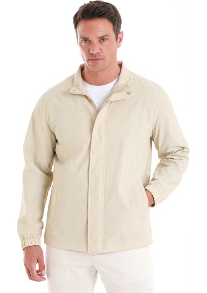 Bej Slim Fit Düz Dik Yaka Mevsimlik Mont