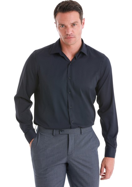 Lacivert Comfort Fit Düz Slim Yaka Uzun Kollu Gömlek