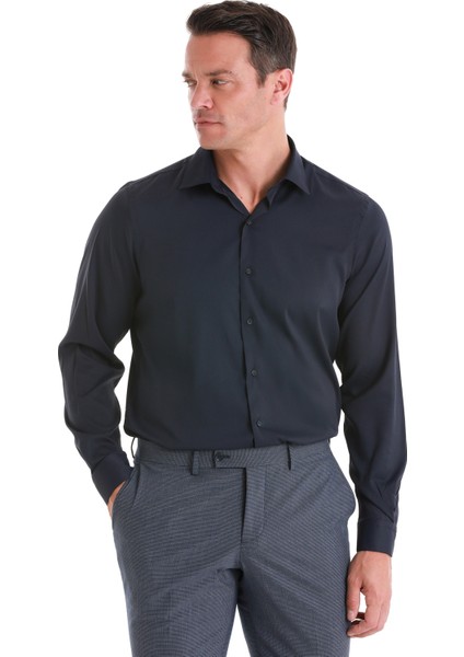 Lacivert Comfort Fit Düz Slim Yaka Uzun Kollu Gömlek modelleri