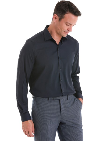 Lacivert Comfort Fit Düz Slim Yaka Uzun Kollu Gömlek fırsatları