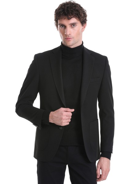 Siyah Slim Fit Düz Mono Yaka Klasik Ceket