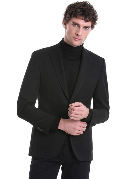 Siyah Slim Fit Düz Mono Yaka Klasik Ceket modelleri