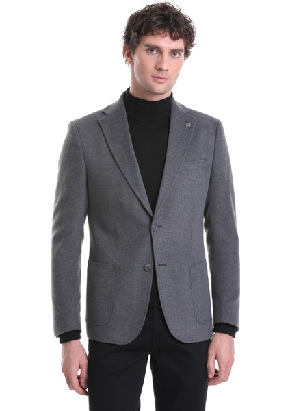 Gri Slim Fit Düz Mono Yaka Casual Ceket