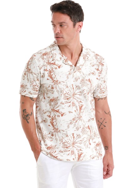 Ekru Regular Fit Baskılı Polo Yaka Pamuklu Tişört modelleri