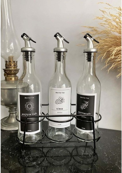 Üçlü Siyah Metal Standlı Yağlık Sosluk Stand 375 ml Şişeli Etiketli