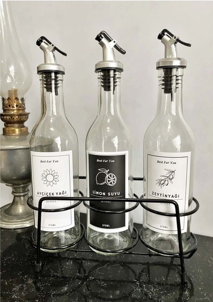 Üçlü Siyah Metal Standlı Yağlık Sosluk Stand 375 ml Şişeli Etiketli fiyatları