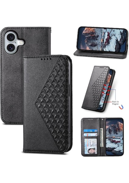 IPhone 16 Için Flip Case Artı Günlük Kullanım Cüzdan El Kayışı Eşkenar Dörtgen Şekli (Yurt Dışından)