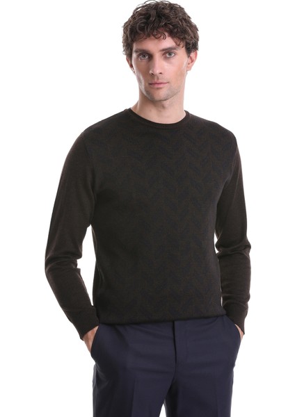 Kahverengi Regular Fit Jakarlı Bisiklet Yaka Yünlü Triko Kazak