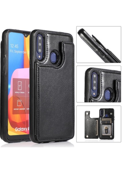 Samsung Galaxy A20S Pu Deri Kickstand Kart Yuvaları Çift Için Cüzdan Kılıf (Yurt Dışından)