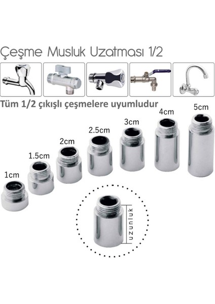 2 cm Çeşme Musluk Uzatma Aparatı 26 mm 1/2 Çıkışlı Çeşmelere Uyumlu - 1 Adet