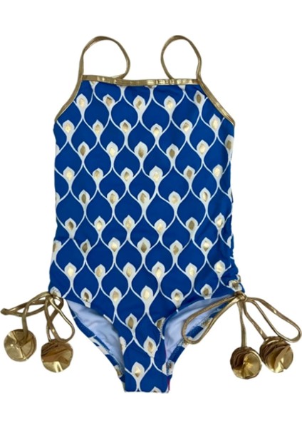 Askılı Ikat Desenli Gold Detaylı Bağcıklı Mavi 50uv Kız Çocuk Mayo by Nessi Byrd
