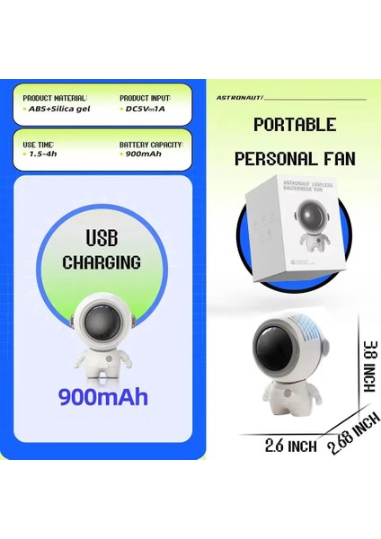 Cacaofan Astronot Sessiz Küçük USB Şarjlı Mini Boyun Fanı Öğrenci Yurdu (Yurt Dışından)