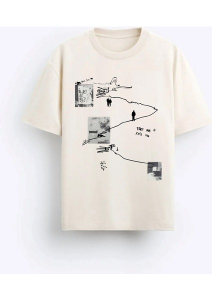 Art Work Baskılı Oversize Bej Erkek T-Shirt
